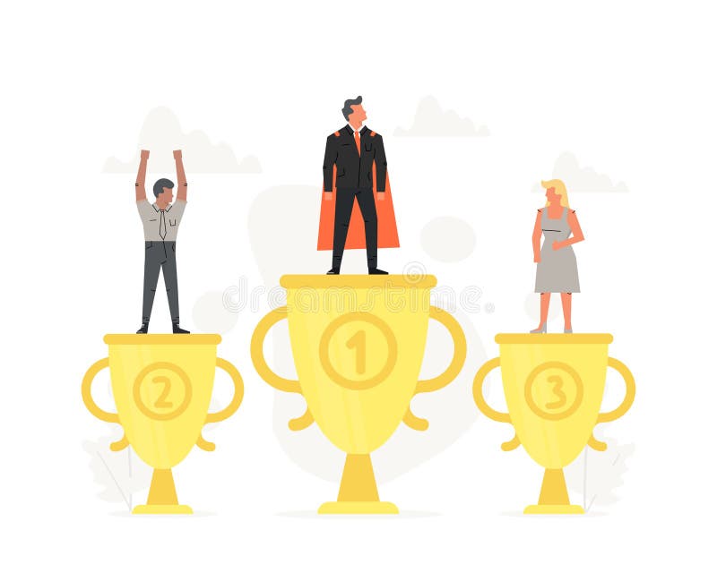Homem de negócios e mulher de negócios bem sucedidos, sorrindo, novos no pódio As pessoas pequenas que estão no grande troféu do ilustração do vetor Homem de negócios e mulher de negócios bem sucedidos, sorrindo, novos no pódio As pessoas pequenas que estão no grande troféu do ilustração do vetor
