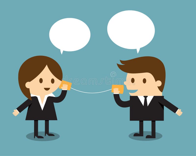 Homem de negócios e mulher que falam com telefone da lata ilustração stock Homem de negócios e mulher que falam com telefone da lata ilustração stock
