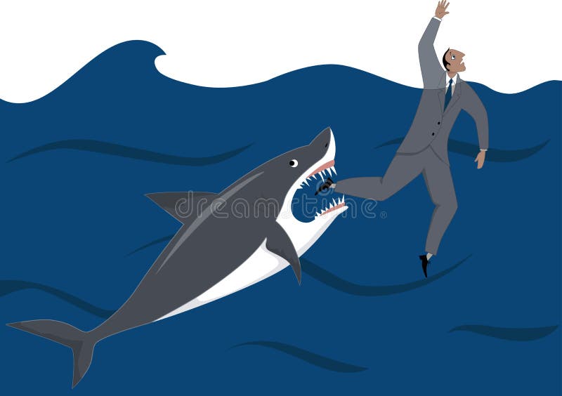 Shark is about to catch a drowning businessman, metaphor for fierce competition in business, no transparencies, EPS 8. Shark is about to catch a drowning businessman, metaphor for fierce competition in business, no transparencies, EPS 8