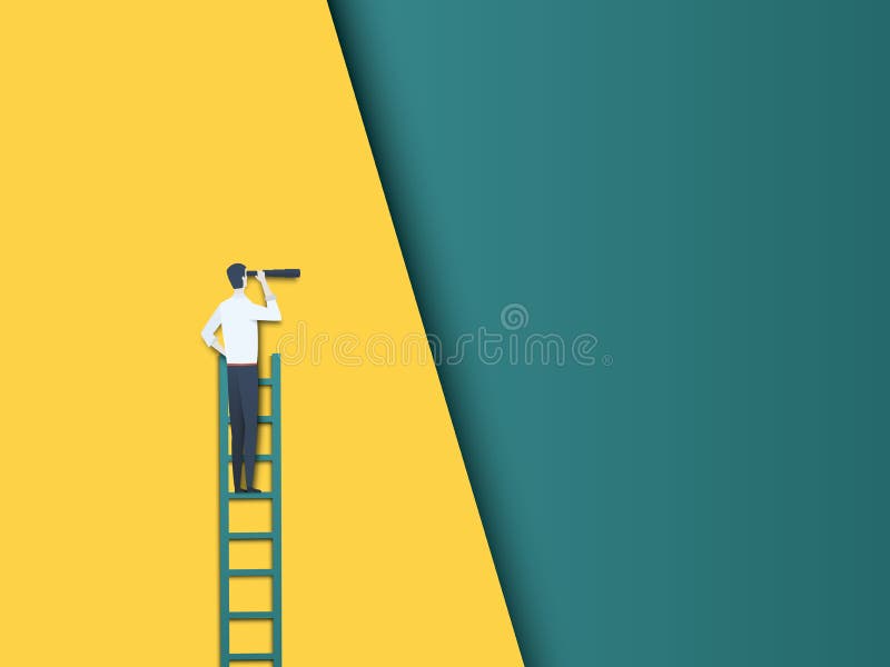 Homem de negócios em uma escada que olha com o conceito do vetor do telescópio Símbolo do futuro, do desenvolvimento de carreira ilustração do vetor Homem de negócios em uma escada que olha com o conceito do vetor do telescópio Símbolo do futuro, do desenvolvimento de carreira ilustração do vetor