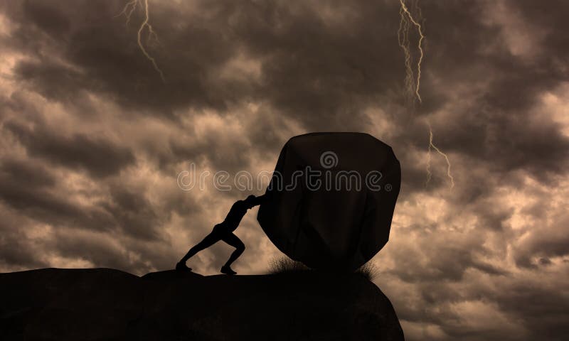 Homem de negócios empurra grande rocha para frente na tempestade do trovão e ruim se. trabalhador duro e obstáculo