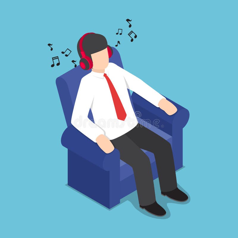 Homem de negócios isométrico Resting no sofá e música de escuta de H ilustração royalty free Homem de negócios isométrico Resting no sofá e música de escuta de H ilustração royalty free