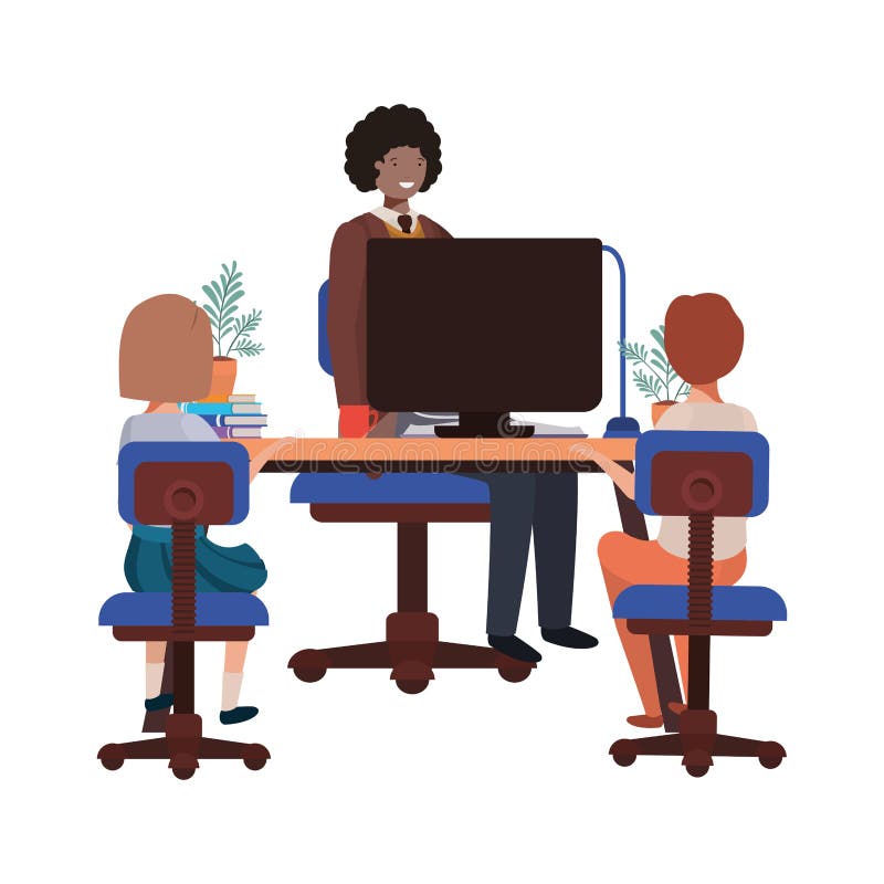 Homem de negócios no escritório com caráter do avatar das crianças ilustração stock Homem de negócios no escritório com caráter do avatar das crianças ilustração stock
