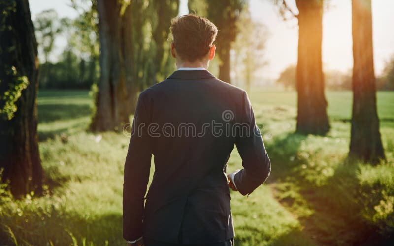 Homem de negócios novo que anda entre árvores majestosas, velhas fotografia de stock royalty free Homem de negócios novo que anda entre árvores majestosas, velhas fotografia de stock royalty free