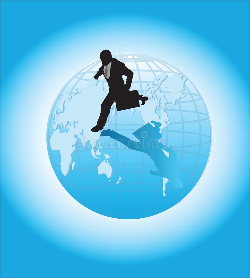 A busy businessman running on top of a globe. A busy businessman running on top of a globe.