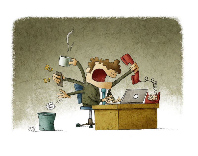 Illustration of too busy businessman. Illustration of too busy businessman