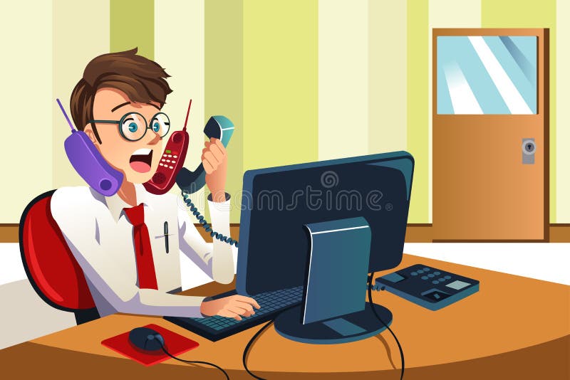 A vector illustration of a busy businessman talking on many phones at the same time. A vector illustration of a busy businessman talking on many phones at the same time