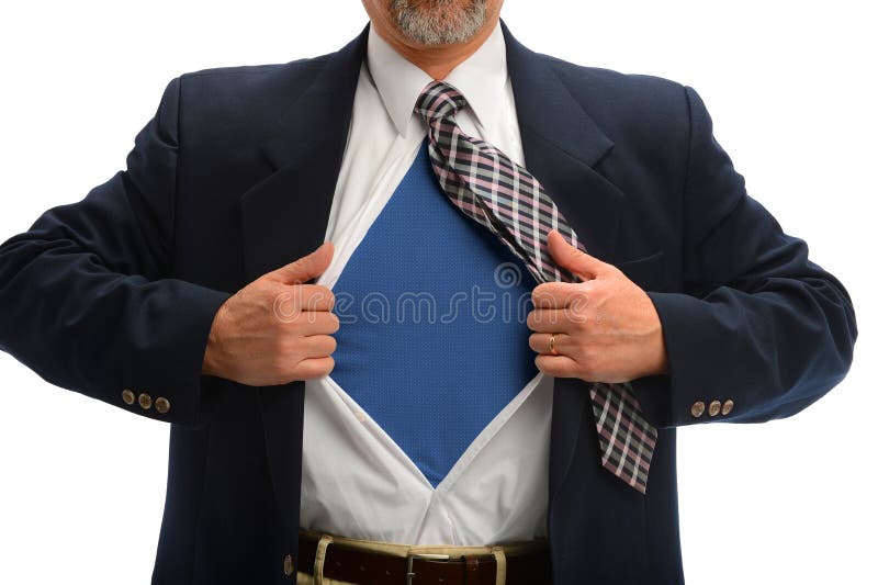 Homem de negócios Opening Shirt para revelar o traje do super-herói fotografia de stock Homem de negócios Opening Shirt para revelar o traje do super-herói fotografia de stock