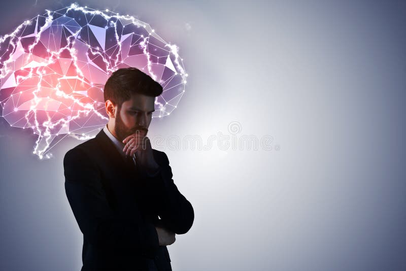 Homem de negócios pensativo com cérebro digital imagem de stock royalty free Homem de negócios pensativo com cérebro digital imagem de stock royalty free