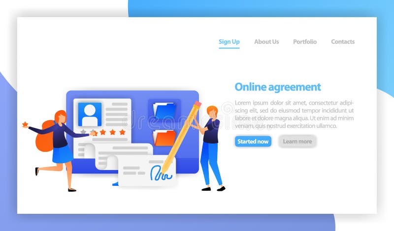 Homem de negócios que assina o acordo de contrato em linha com computador sinal digital esperto do acordo Parceria, negócio, nego ilustração stock Homem de negócios que assina o acordo de contrato em linha com computador sinal digital esperto do acordo Parceria, negócio, nego ilustração stock
