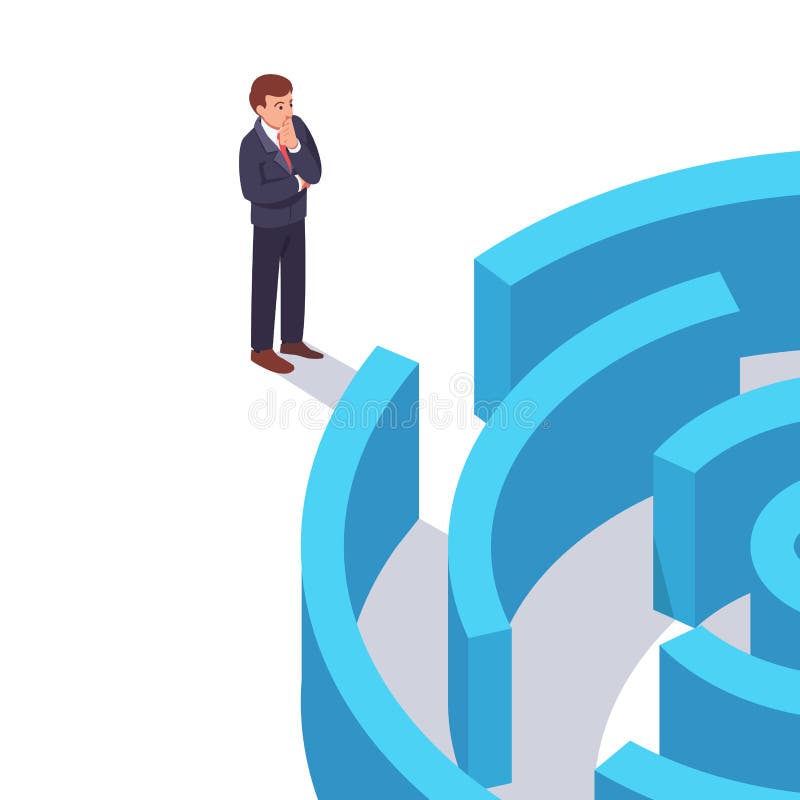 Homem de negócios que está na frente do labirinto ilustração royalty free Homem de negócios que está na frente do labirinto ilustração royalty free