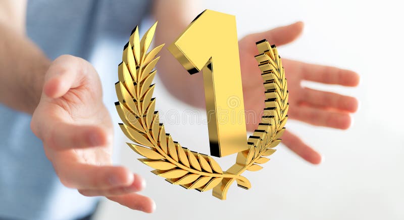 Homem de negócios que ganha a primeira rendição dourada do preço 3D ilustração royalty free Homem de negócios que ganha a primeira rendição dourada do preço 3D ilustração royalty free