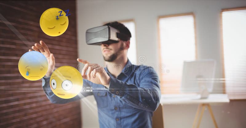 Homem de negócios que olha emojis através dos vidros de VR ilustração royalty free Homem de negócios que olha emojis através dos vidros de VR ilustração royalty free