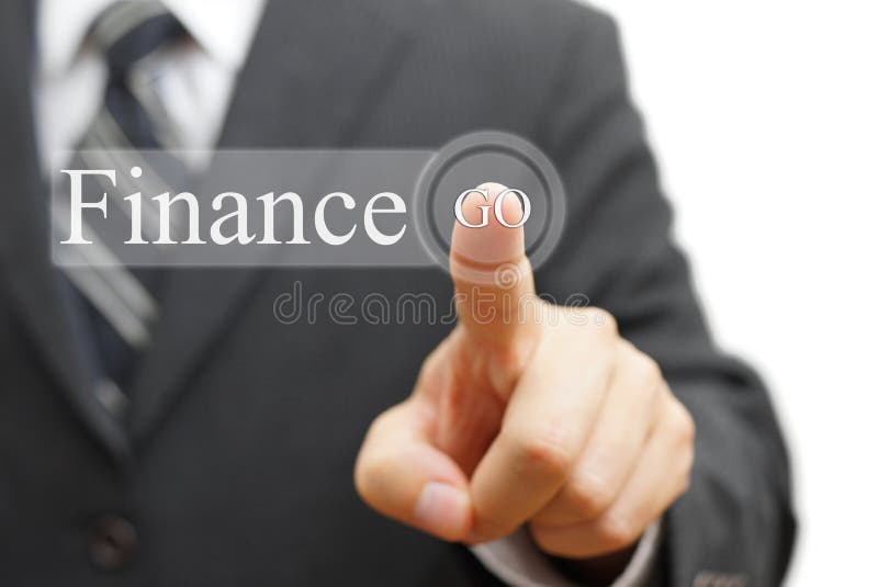 Homem de negócios que pressiona a finança no botão virtual fotos de stock Homem de negócios que pressiona a finança no botão virtual fotos de stock
