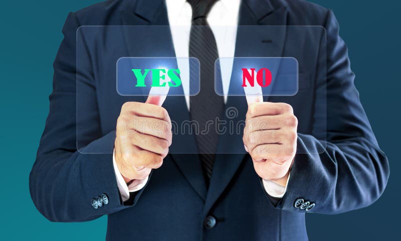 Homem de negócios que toca no botão virtual da verificação O conceito da decisão empresarial pode ser sim ou não imagens de stock Homem de negócios que toca no botão virtual da verificação O conceito da decisão empresarial pode ser sim ou não imagens de stock