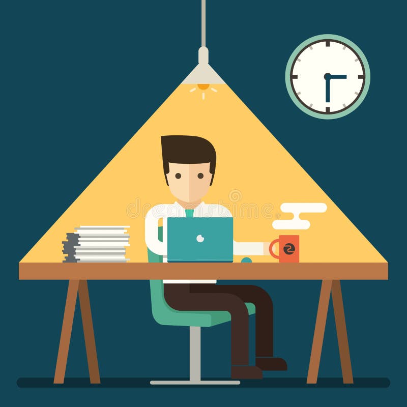 Homem de negócios que trabalha fora do tempo estipulado tardio no escritório ilustração stock Homem de negócios que trabalha fora do tempo estipulado tardio no escritório ilustração stock