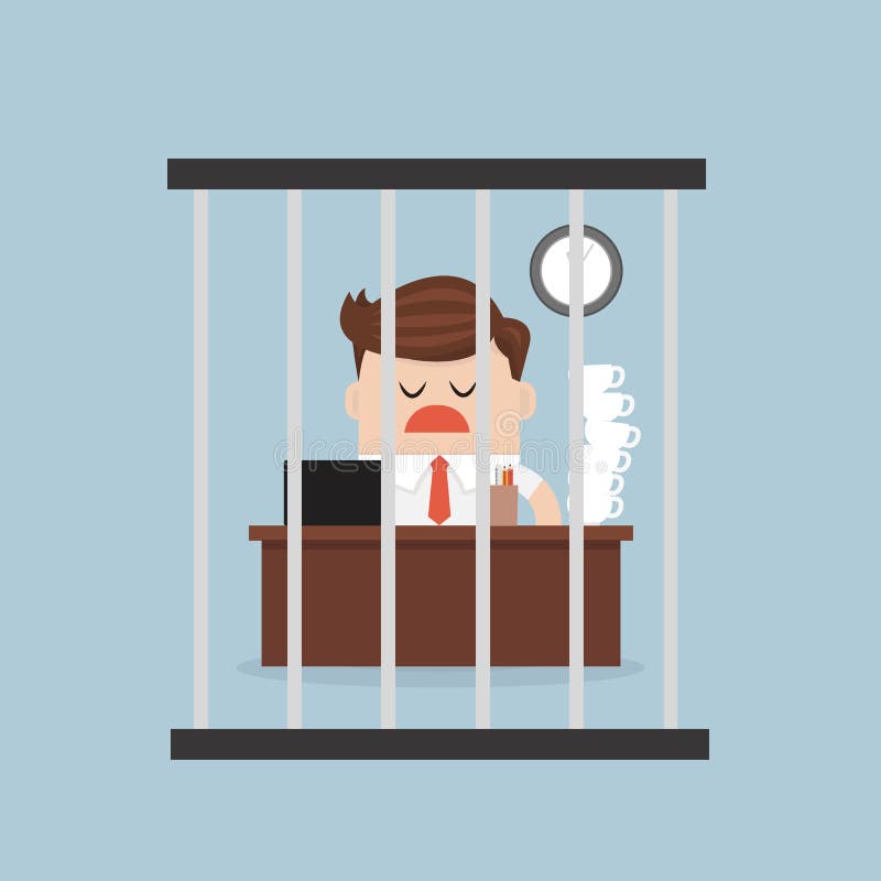Homem de negócios que trabalha no birdcage, estilo liso do projeto do illustion do vetor ilustração stock Homem de negócios que trabalha no birdcage, estilo liso do projeto do illustion do vetor ilustração stock