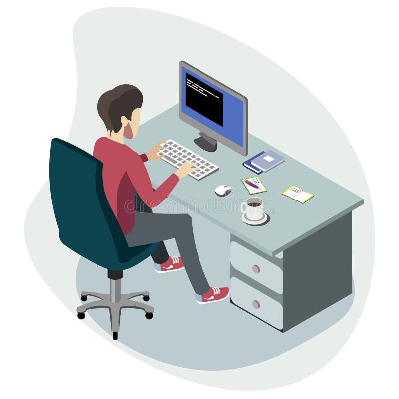 Homem de negócios que trabalha no computador isométrico ilustração do vetor Homem de negócios que trabalha no computador isométrico ilustração do vetor