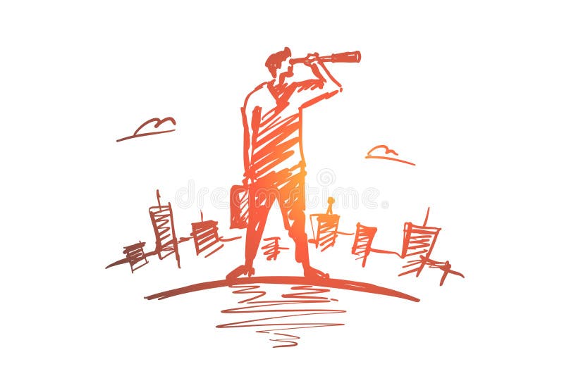 Homem de negócios tirado mão que olha através do telescópio pequeno ilustração royalty free Homem de negócios tirado mão que olha através do telescópio pequeno ilustração royalty free