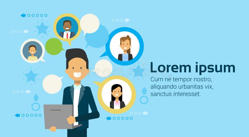 Homem de negócios Using Laptop Computer que comunica-se com os empresários equipe, executivos do conceito dos trabalhos em rede ilustração do vetor Homem de negócios Using Laptop Computer que comunica-se com os empresários equipe, executivos do conceito dos trabalhos em rede ilustração do vetor