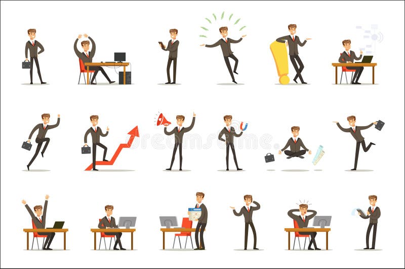 Homem de negócios Work Process Set de cenas relacionadas com o mercado com empresário novo Cartoon Character ilustração do vetor Homem de negócios Work Process Set de cenas relacionadas com o mercado com empresário novo Cartoon Character ilustração do vetor