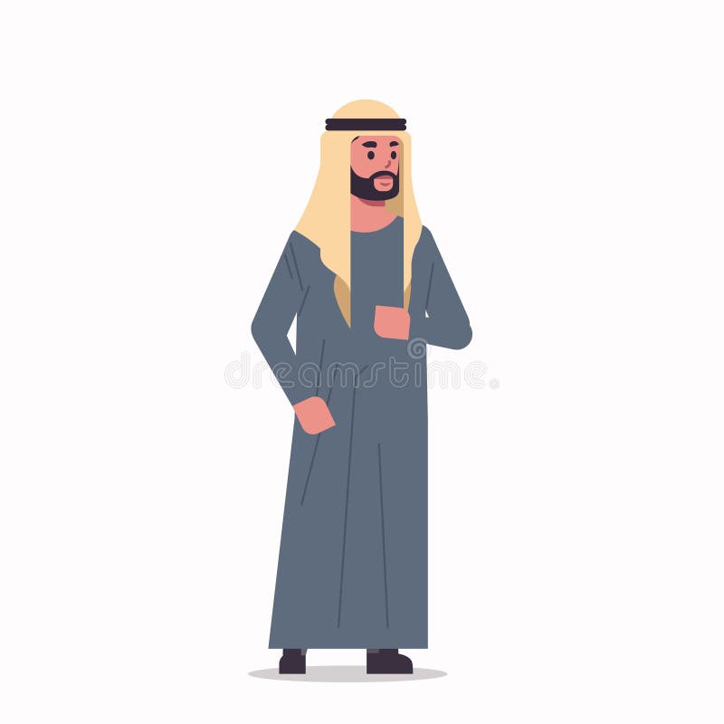 Homem de negócios árabe no homem do hijab vestindo roupas tradicionais de pé pose personagem de desenho animado masculino árabe c ilustração stock Homem de negócios árabe no homem do hijab vestindo roupas tradicionais de pé pose personagem de desenho animado masculino árabe c ilustração stock