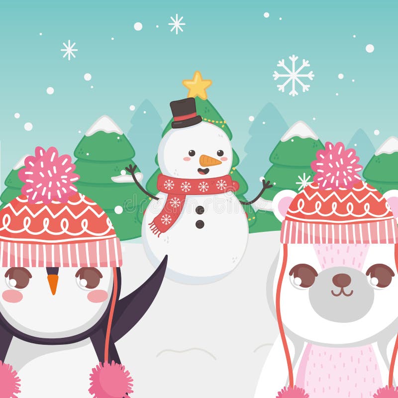 Homem de neve e pinguins, ursinho polar e snowman, são os melhores natais ilustração stock Homem de neve e pinguins, ursinho polar e snowman, são os melhores natais ilustração stock