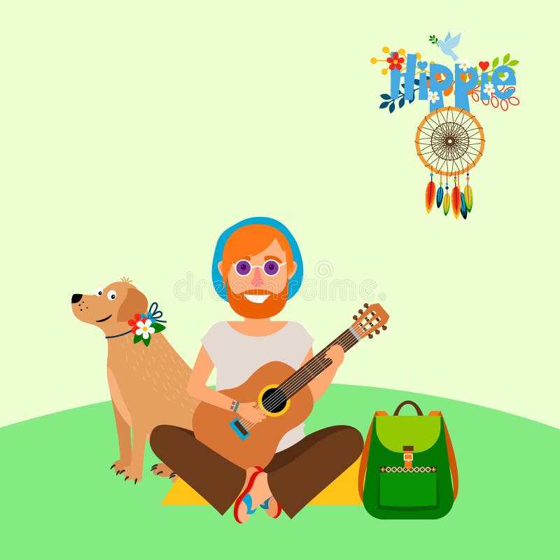 Homem descalço da hippie com cão ilustração stock Homem descalço da hippie com cão ilustração stock
