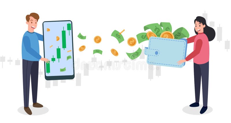 Man hold smartphone trading stocks market,cryptocurrency on screen, woman hold wallet full of cash coin money frying,  Candlestick graph,internet earning cash study, winning plenty of money, vector. Man hold smartphone trading stocks market,cryptocurrency on screen, woman hold wallet full of cash coin money frying,  Candlestick graph,internet earning cash study, winning plenty of money, vector