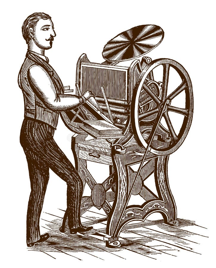 Homem do século XIX a trabalhar em frente a uma imprensa