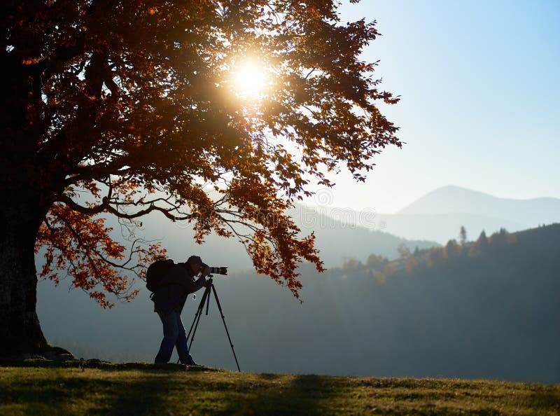 Tourist photographer with backpack using tripod and professional camera to take picture of mountain panorama standing under large oak tree on woody foggy mountains landscape and blue sky background. Tourist photographer with backpack using tripod and professional camera to take picture of mountain panorama standing under large oak tree on woody foggy mountains landscape and blue sky background.