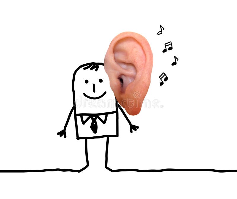 Homem dos desenhos animados com orelha grande e música