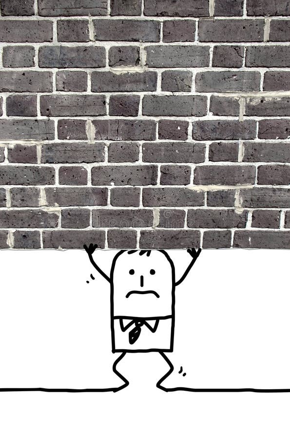 Homem dos desenhos animados esmagado e que está sob uma parede ilustração do vetor Homem dos desenhos animados esmagado e que está sob uma parede ilustração do vetor
