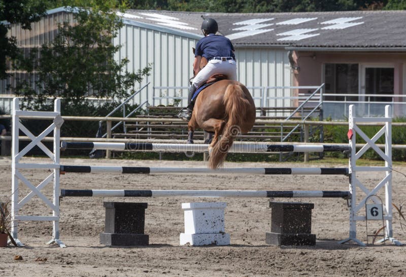 Um cavalo branco está pulando uma cerca