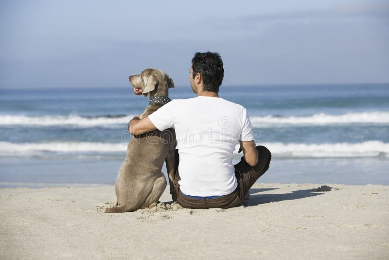 Homem e cão que sentam-se na praia fotografia de stock royalty free Homem e cão que sentam-se na praia fotografia de stock royalty free