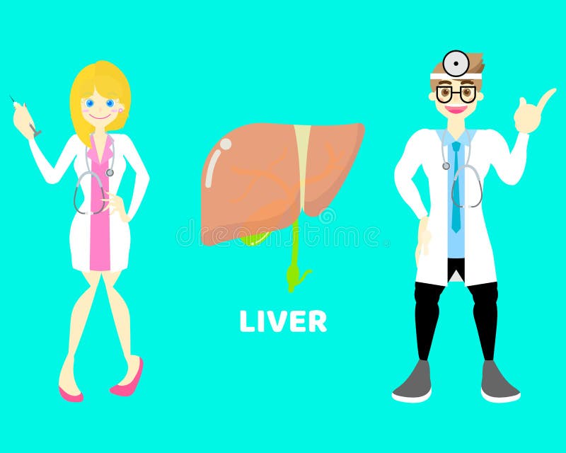 Homem e doutor fêmea com fígado, sistema nervoso da parte do corpo da anatomia dos órgãos internos ilustração royalty free Homem e doutor fêmea com fígado, sistema nervoso da parte do corpo da anatomia dos órgãos internos ilustração royalty free
