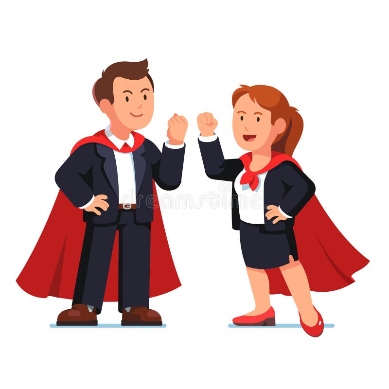 Homem e mulher de negócio do super-herói em cabos vermelhos ilustração royalty free Homem e mulher de negócio do super-herói em cabos vermelhos ilustração royalty free