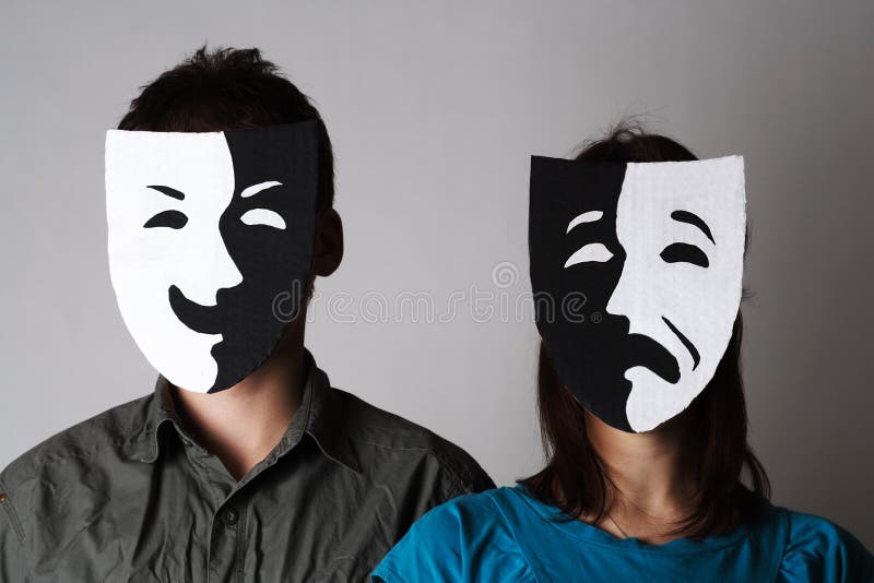 Man and woman in theatre black and white emotions masks. Man and woman in theatre black and white emotions masks