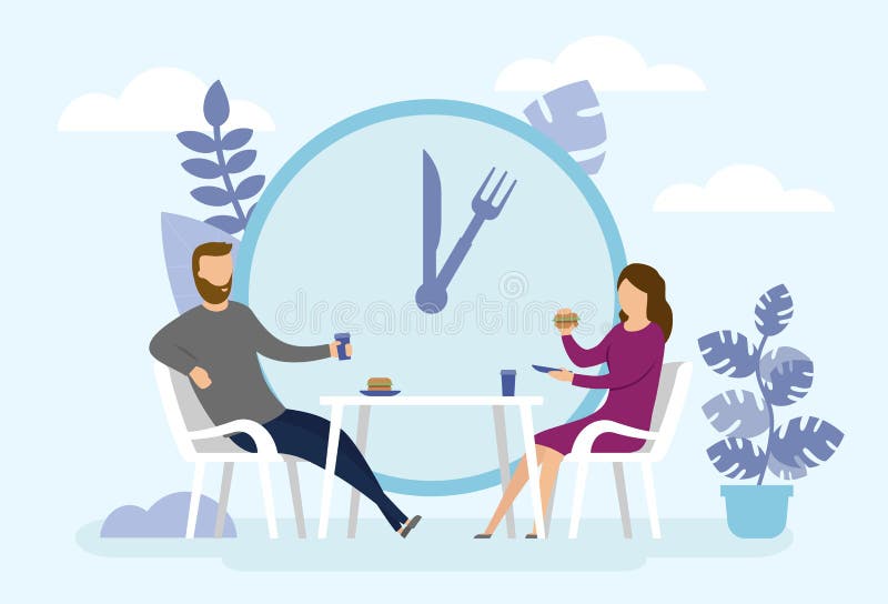Homem e mulher estão comendo juntos Conceito de Hora de Almoço de Negócios Grande relógio com fundo abstrato Estilo plano Vetor ilustração royalty free Homem e mulher estão comendo juntos Conceito de Hora de Almoço de Negócios Grande relógio com fundo abstrato Estilo plano Vetor ilustração royalty free