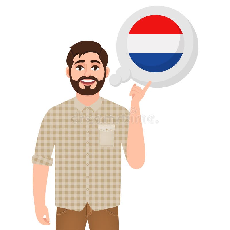 Homem farpado feliz que fala ou que pensa sobre o país dos Países Baixos, do ícone do país europeu, do viajante ou do turista ilustração stock Homem farpado feliz que fala ou que pensa sobre o país dos Países Baixos, do ícone do país europeu, do viajante ou do turista ilustração stock