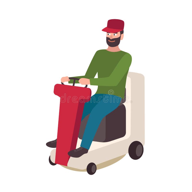 Homem farpado feliz que senta-se no cortador de grama isolado no fundo branco Montada masculina de sorriso do personagem de banda ilustração royalty free Homem farpado feliz que senta-se no cortador de grama isolado no fundo branco Montada masculina de sorriso do personagem de banda ilustração royalty free