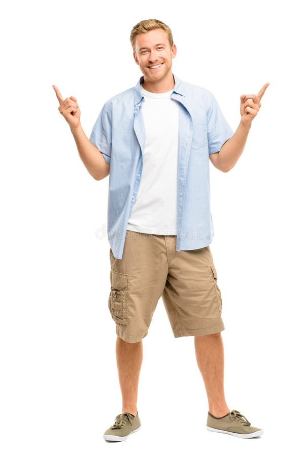 Homem feliz que aponta - retrato no fundo branco imagens de stock Homem feliz que aponta - retrato no fundo branco imagens de stock