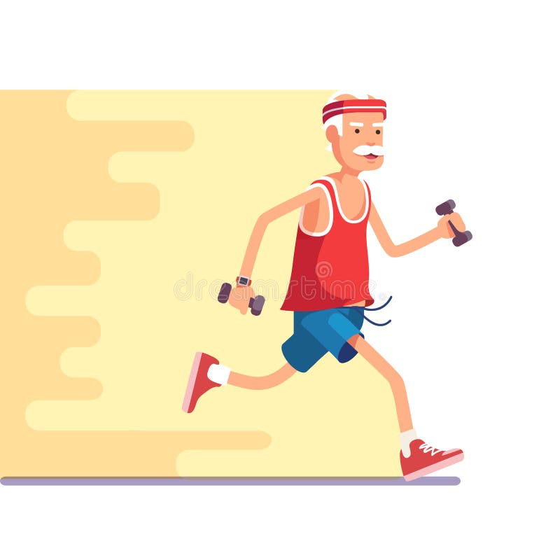 Fit elderly man jogging with dumbbells in hands. Flat style modern vector illustration. Fit elderly man jogging with dumbbells in hands. Flat style modern vector illustration.