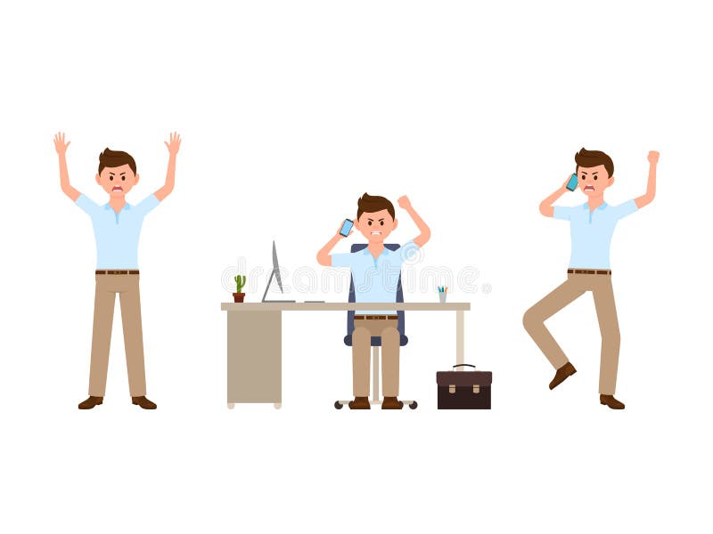 Homem irritado do escritório que fala no personagem de banda desenhada do telefone Ilustração do vetor do diretor da gritaria ilustração stock Homem irritado do escritório que fala no personagem de banda desenhada do telefone Ilustração do vetor do diretor da gritaria ilustração stock