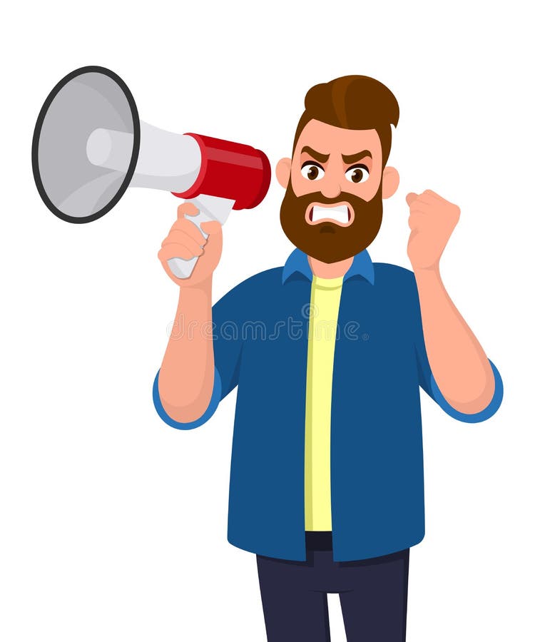 Homem irritado que guarda um megafone ou um altifalante e que levanta o gesto do punho da mão Homem de negócios da raiva que grit ilustração do vetor Homem irritado que guarda um megafone ou um altifalante e que levanta o gesto do punho da mão Homem de negócios da raiva que grit ilustração do vetor