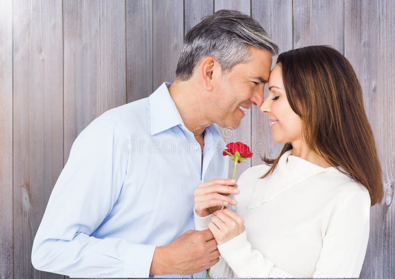 Homem maduro que dá a rosa do vermelho à mulher foto de stock royalty free Homem maduro que dá a rosa do vermelho à mulher foto de stock royalty free