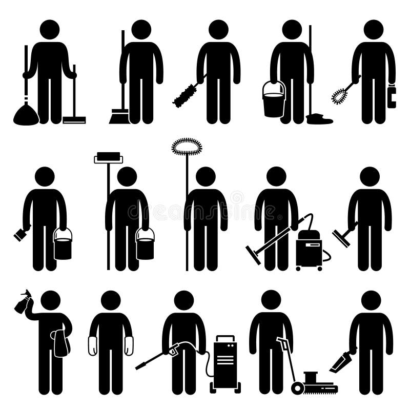 Homem mais limpo com ícones das ferramentas e dos equipamentos da limpeza