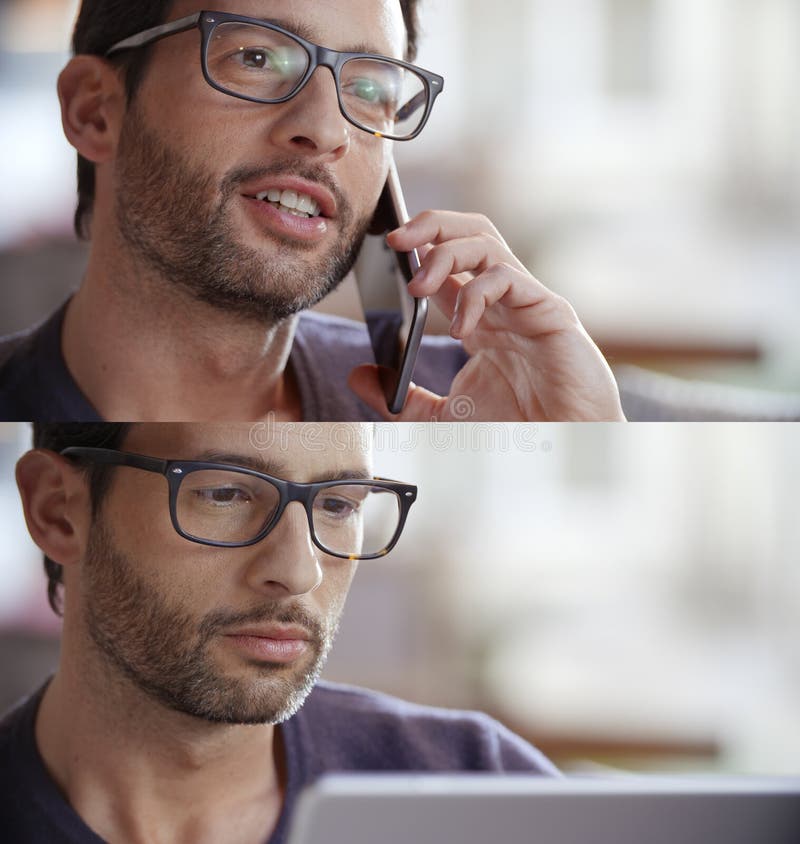 Homem moreno ocasional, grupo do homem de negócios falando pelo smartphone, usando a tabuleta para consultar o Internet Retrato d imagens de stock Homem moreno ocasional, grupo do homem de negócios falando pelo smartphone, usando a tabuleta para consultar o Internet Retrato d imagens de stock