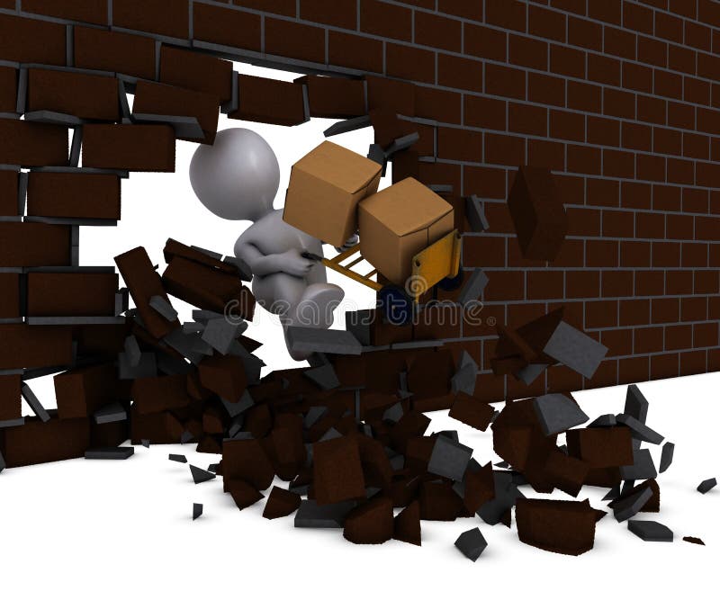 3D Render of Morph Man carrying boxes breaking through a brick wall. 3D Render of Morph Man carrying boxes breaking through a brick wall