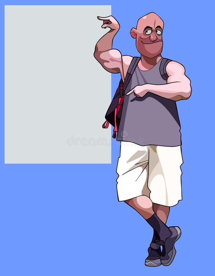 Homem muscular dos desenhos animados com pontos da trouxa a um quadro de avisos vazio ilustração royalty free Homem muscular dos desenhos animados com pontos da trouxa a um quadro de avisos vazio ilustração royalty free